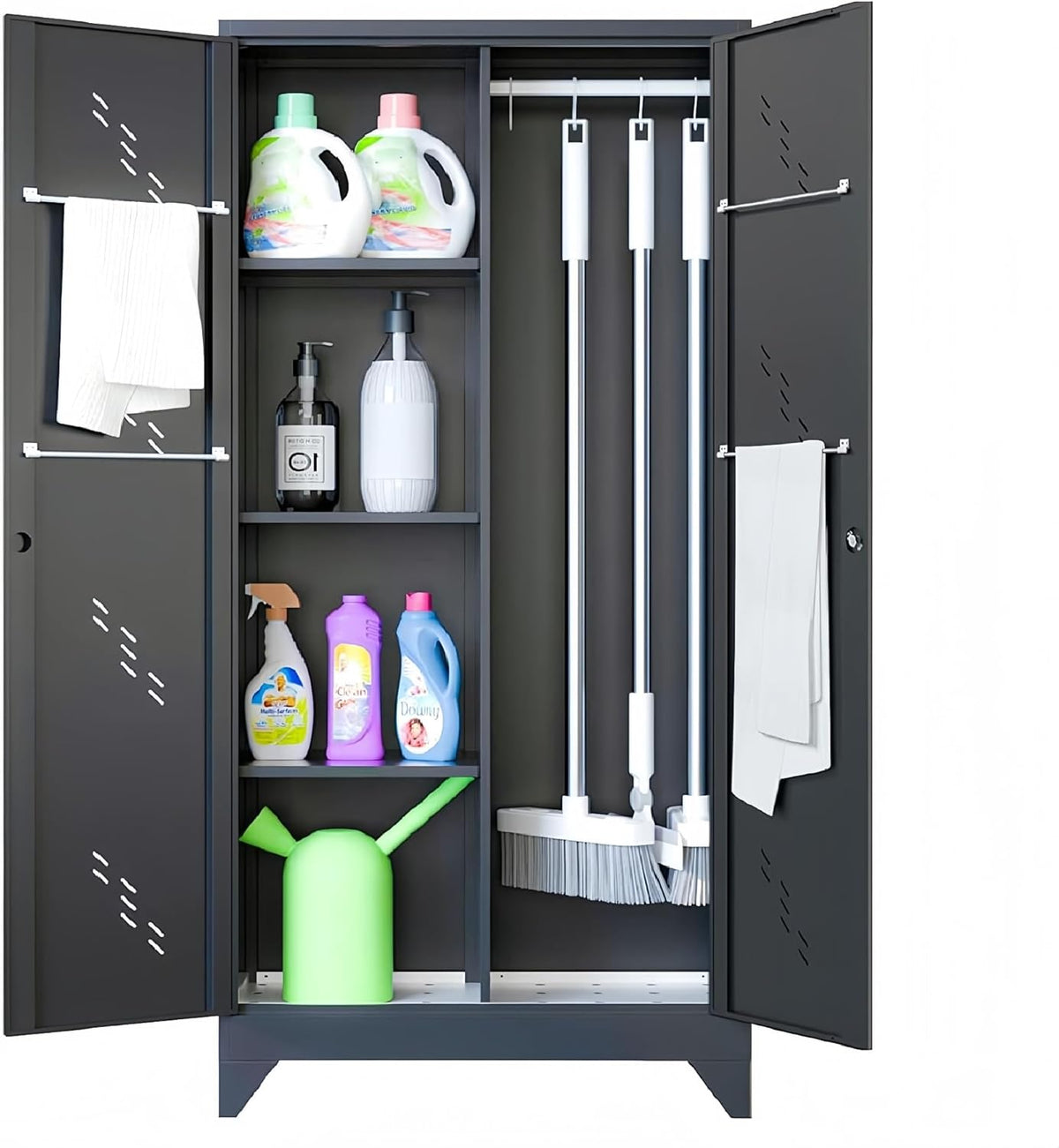 71" Broom Closet Cabinet with Hanging Rod, Tall Black Metal Storage Cabinet for Bathroom, Utility Room, and Garage
