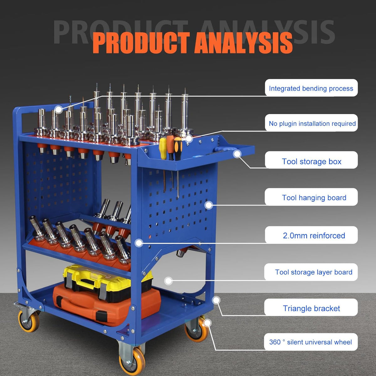 Blue Classic 50 Taper CNC Tool Holder Transfer Cart, 25 Capacity CAT/BT50 Service Carts with Wheels Heavy Duty, Multi-Function Workshop CNC Tool Trolley