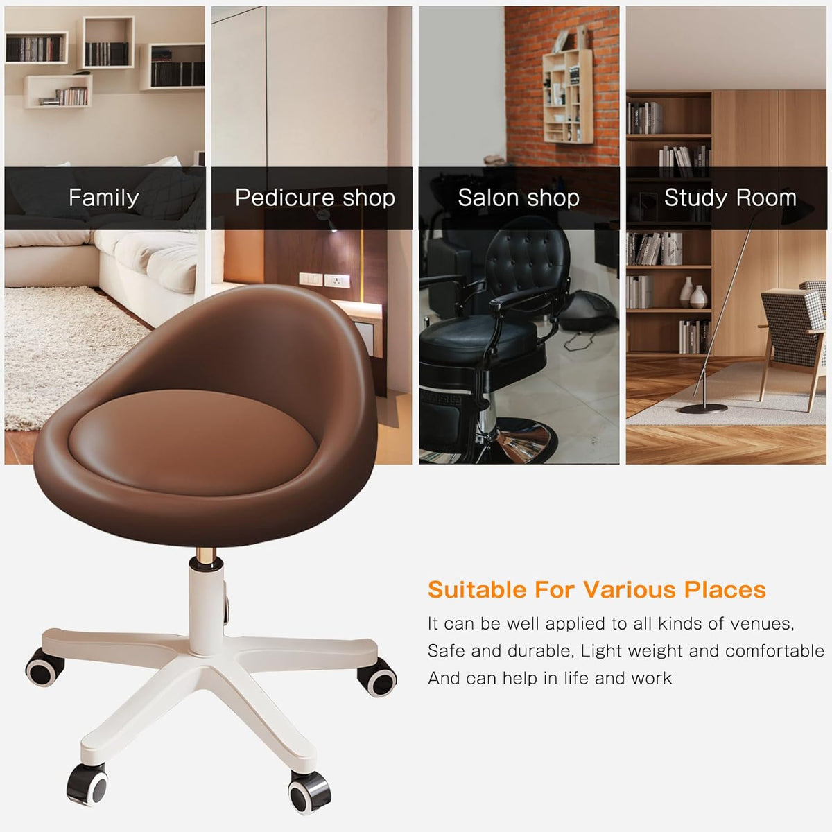 Rolling Stool Set of 3 Rolling Hydraulic Salon Stool with Low Backrest - Adjustable Swivel Chair for SPA, Shop, Salon, Massage, or Medical Office Brown