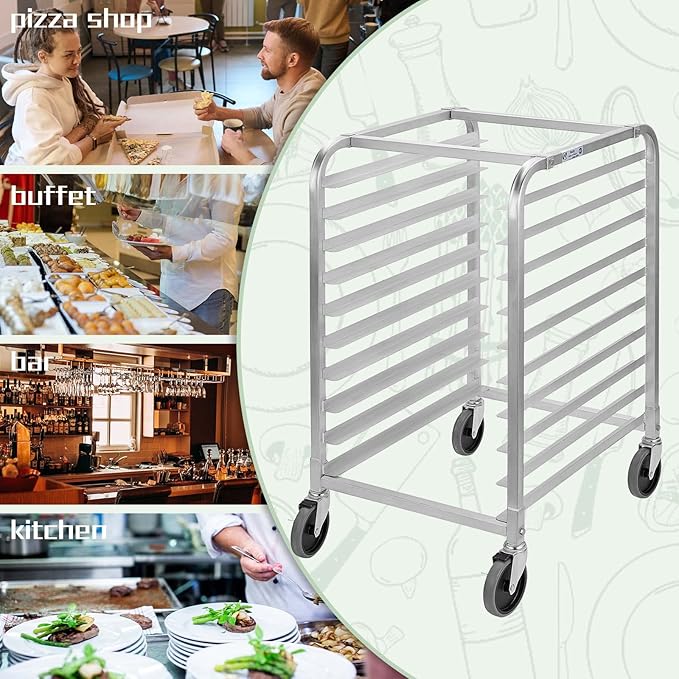 HALLY SINKS & TABLES H Bun Pan Rack 10 Tier with Wheels, Commercial Bakery Racking of Aluminum for Full & Half Sheet - Kitchen, Restaurant, Cafeteria, Pizzeria, Hotel and Home, 26" L x 20" W x 38" H