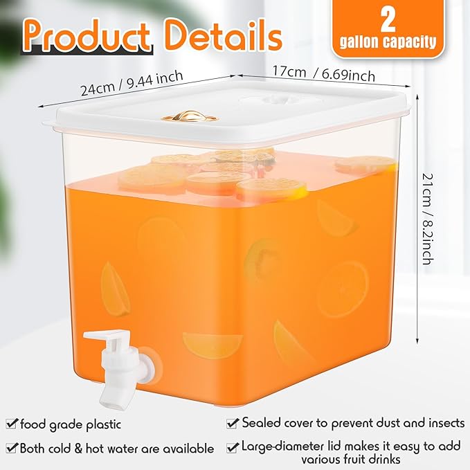 Domensi 1 Pack 2 Gallon Drink Dispenser for Fridge with Spigot Water Dispenser Leak Proof Lids Filter Screen Beverage Juice Container Sealed Plastic Lemonade Milk Cold Hot Drink Tea Jug for Party