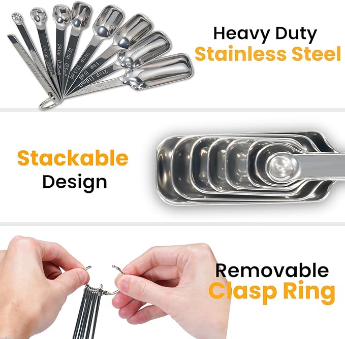 9 Pcs Measuring Spoons Set with Leveler, Metal Teaspoon & Tablespoon Measuring Spoons for Cooking & Baking, Fits in Spice Jars, Kitchen Gadgets for Dry & Liquid Ingredients