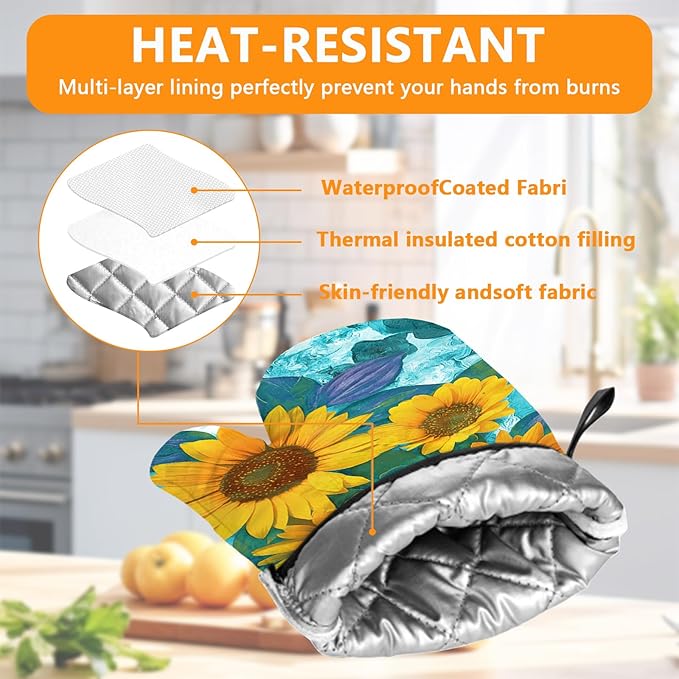 Sunflower Oven Mitts and Pot Holders Sets 4Pcs,Extra Long Oven Gloves Potholder for Kitchen Cooking Baking BBQ 100% Cotton Heat Resistant