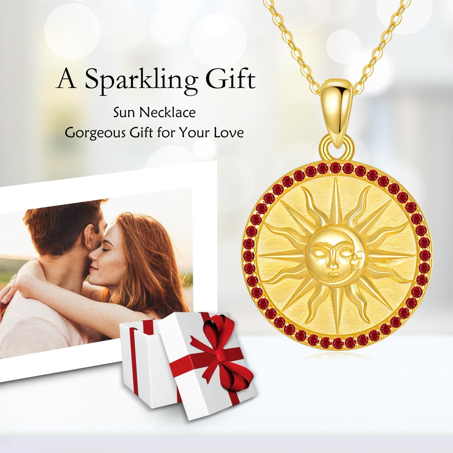 KQF Sun Coin Necklace for Women 925 Sterling Silver 18K Gold Plated Birthstone Sun Coin Pendant January Jewelry Gift for Women