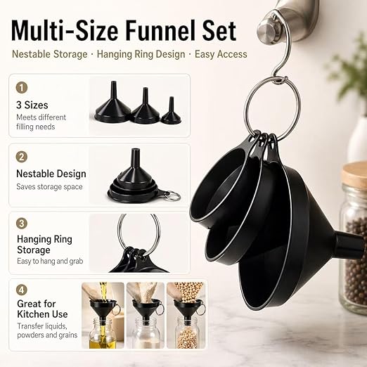 Stainless Steel Funnels Set Kitchen Funnels 3 Piece Set Small Medium Large Black Funnel for Dry Ingredients for Liquids (Black-with Brush)