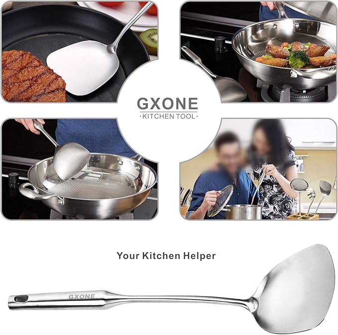 Wok Spatula Stainless Steel, Wide Metal Spatula with Hollow Long Handle Wok Utensils,Silver/14.7Inch