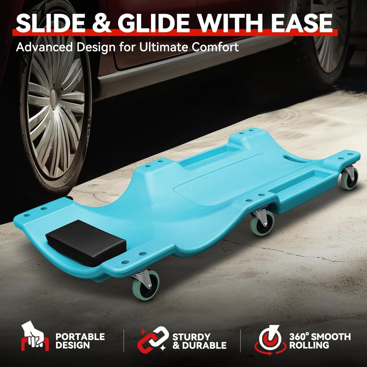 Auto Dynasty 40 Inches Mechanic Creeper, Automotive Garage Repair Low Profile Under Car Rolling Creeper with Padded Headrest, Plastic, Sky Blue