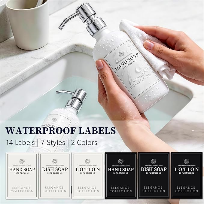 White Glass Soap Dispenser Set of 2, 16oz Hand and Dish Soap Dispenser for Kitchen & Bathroom, Silver Stainless Steel Pump, Non-Slip Base, 14 Waterproof Labels, Minimalist Decor