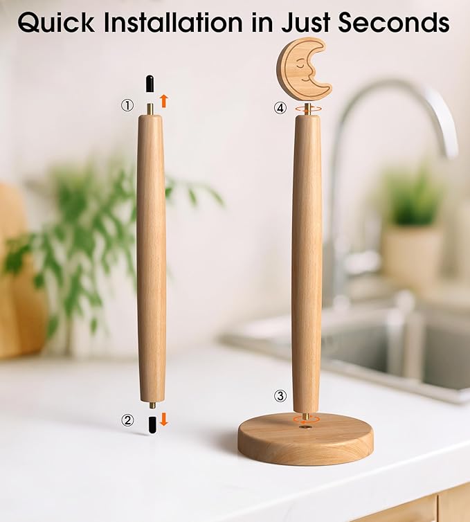 KitchLife Cute Wooden Paper Towel Holder Countertop - Solid Freestanding Paper Towel Dispenser Stand Organizer with Anti-Skid Base (Moon)