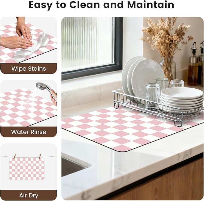 12" x 20" Checkered Dish Drying Mat for Kitchen Counter, Absorbent Coffee Bar Mat for Espresso Machine Coffee Countertops Accessories, Pink