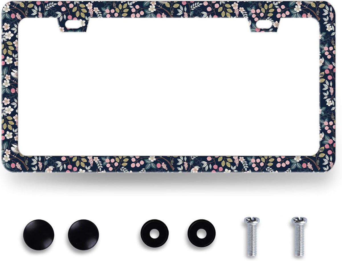 Blue Floral Flowers License Plate Frame Beautiful Flower License Plate Holder for Personalise Women Car Decorative Stainless Steel Colorful License Plate Auto Parts with Screws 12.2" x 6.2"