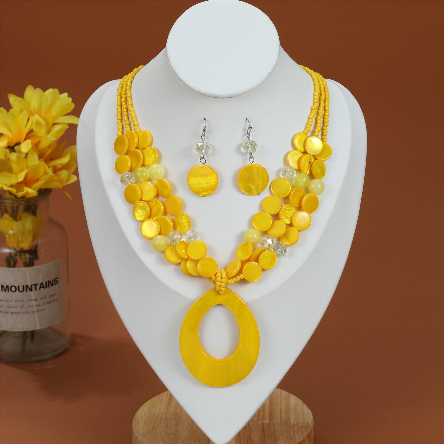 Aenu Multi-Strand Beaded Necklace with Teardrop Pendant Colorful Beads Statement Jewelry Set for Women (Yellow)