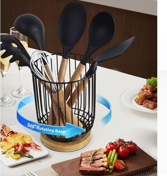 WDT Tool Utensil holder for Kitchen Counter，Large Utensils Holder For Farmhouse Cooking, Utensil Caddy Spatula Holder (Rotating+Metal+Bamboo-1)