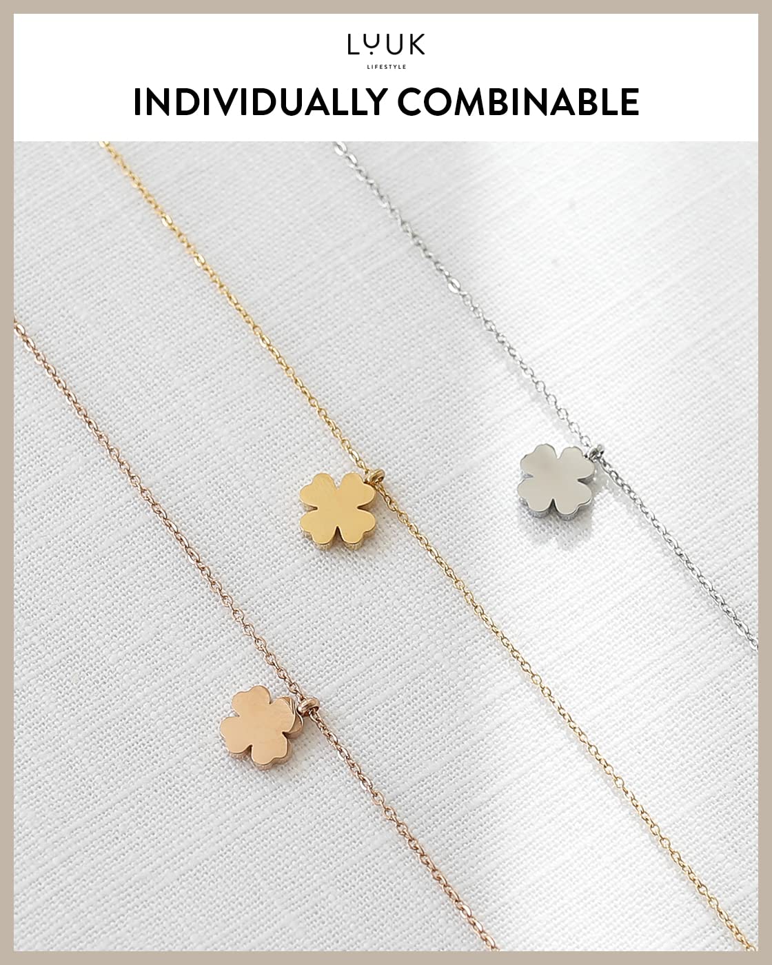 LUUK LIFESTYLE Feminine necklace made of stainless steel with clover pendant and HAPPINESS gift card, fashion jewelry for women and teenagers, 19”, travel lucky charm, trendy accessory for her, gold