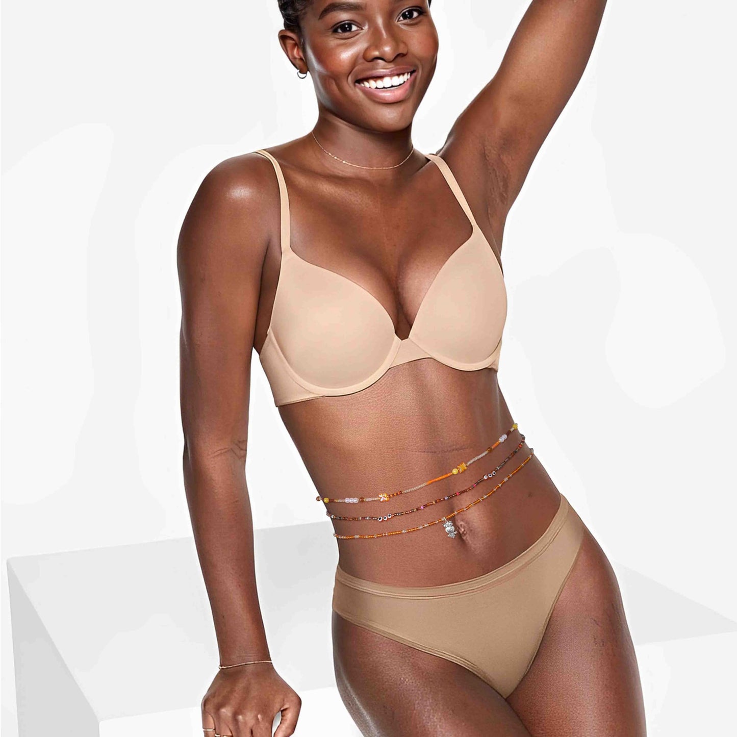 ELABEST 24-39inch African Waist Beads for Women 8Pcs Elastic Belly Beads Colorful Beaded Waist Jewelry Accessories Body Chain (Brown, 47.2inch/120cm)