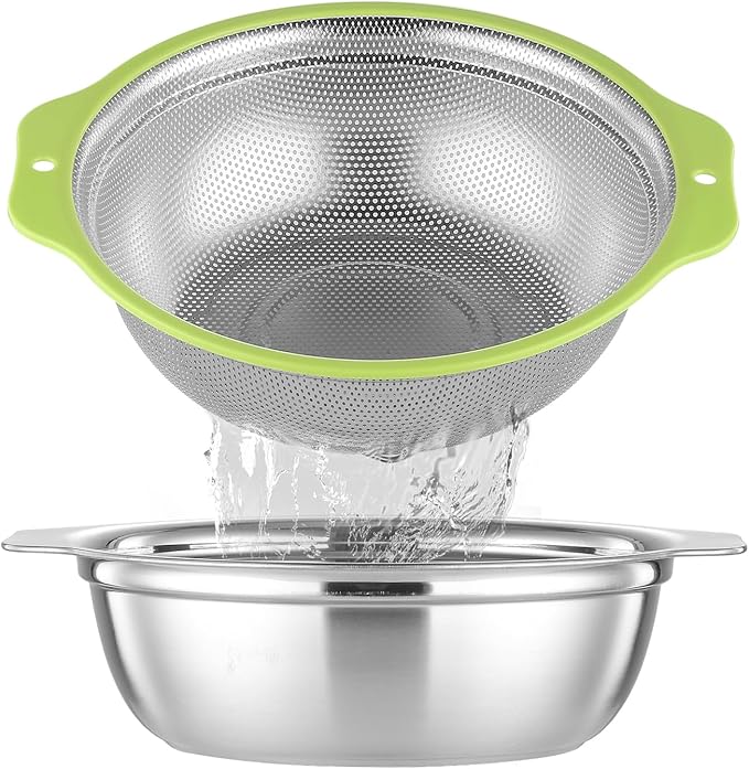 Colander Stainless Steel Microporous, 2QT Rice Strainer with Mixing Bowl, Rice Washer Bowl Set with Handle, Food-Grade Strainers and Colanders for Kitchen, Pasta, Fruit, Dishwasher Safe