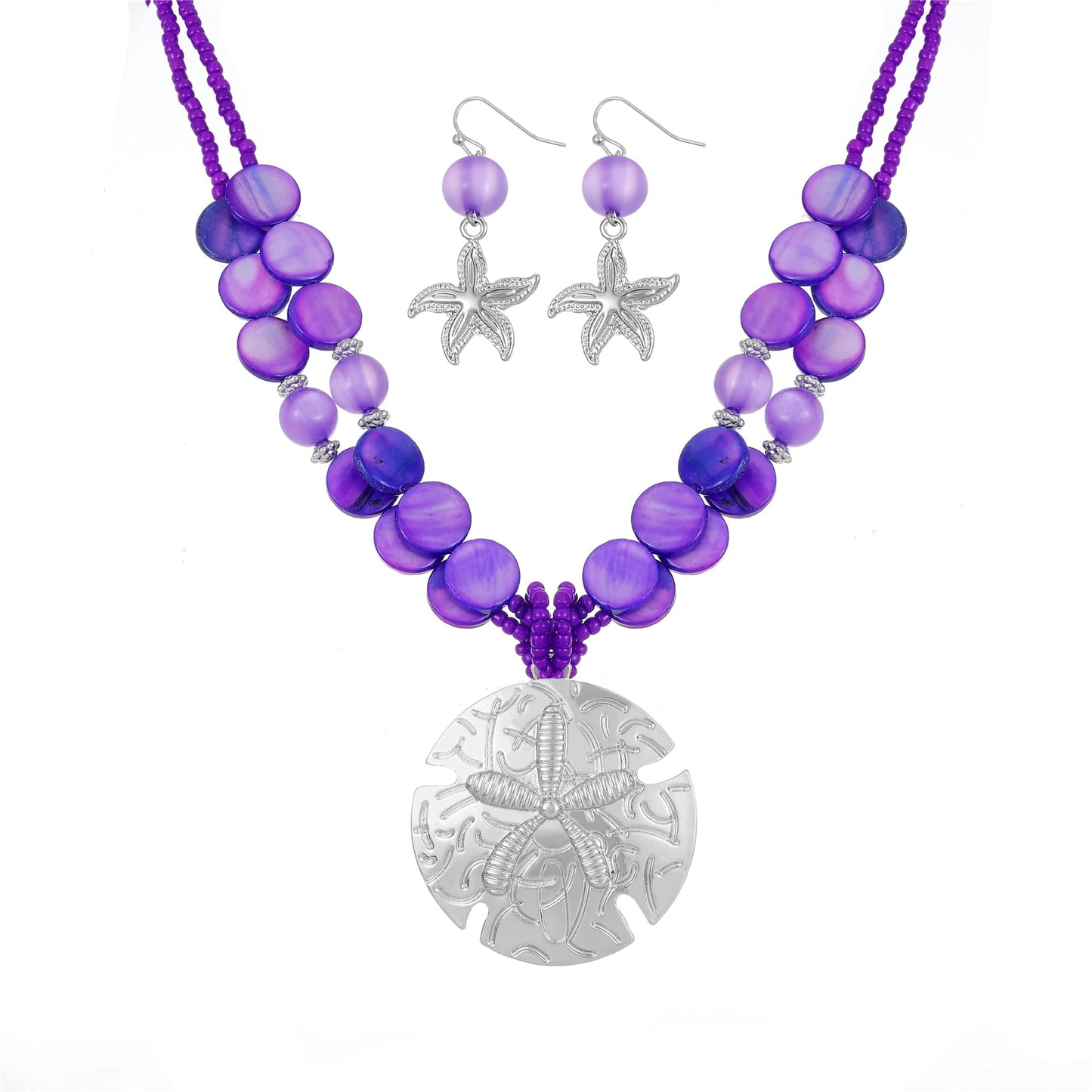 Perla Boho Starfish Necklace for Women, Chunky Layered Shell Beads Choker Necklace and Earrings Set, Ocean-Themed Summer Beach Jewelry (Purple)