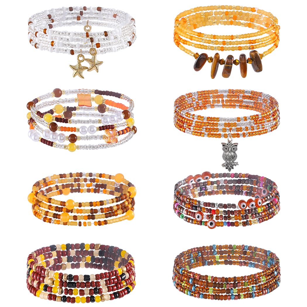 ELABEST 24-39inch African Waist Beads for Women 8Pcs Elastic Belly Beads Colorful Beaded Waist Jewelry Accessories Body Chain (Brown, 39.3inch/100cm)