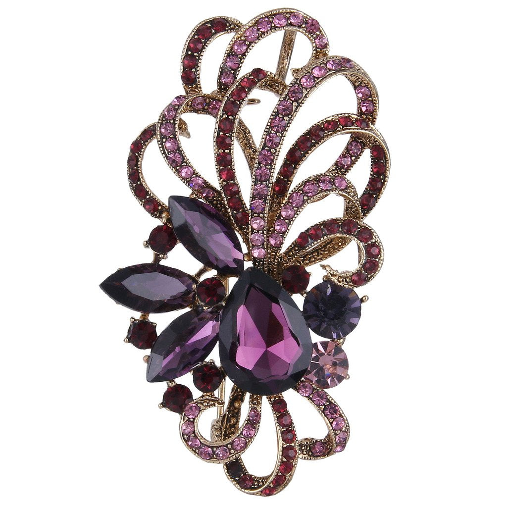 EVER FAITH Antique Gold-Tone Austrian Crystal Flower Ribbon Teardrop Brooch Pendant Purple