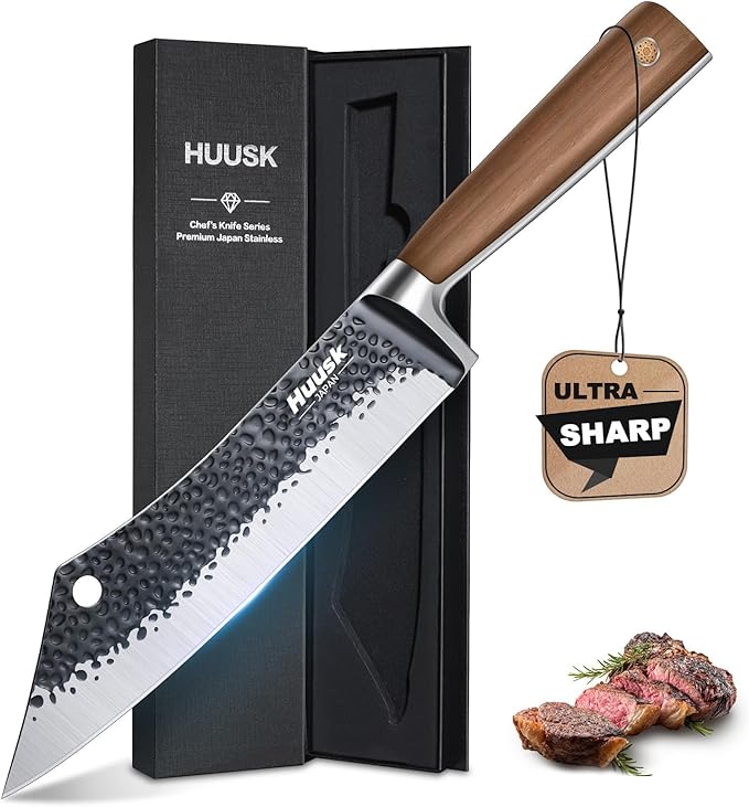 Huusk Grilling Gifts for Men Meat Cleaver Butcher Knife Hand Forged High Carbon Japanese Viking Carving Knives for Slicing BBQ 8.3 inch