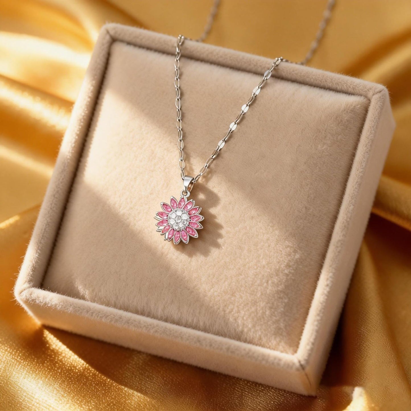 KONPJE Sunflower Fidget Necklace for Women Gold Moon Necklace Rotating Heart Necklaces Spinning Crystal Sunflower Anxiety Necklaces Crescent Moons Jewelry Accessories (SilverPink)