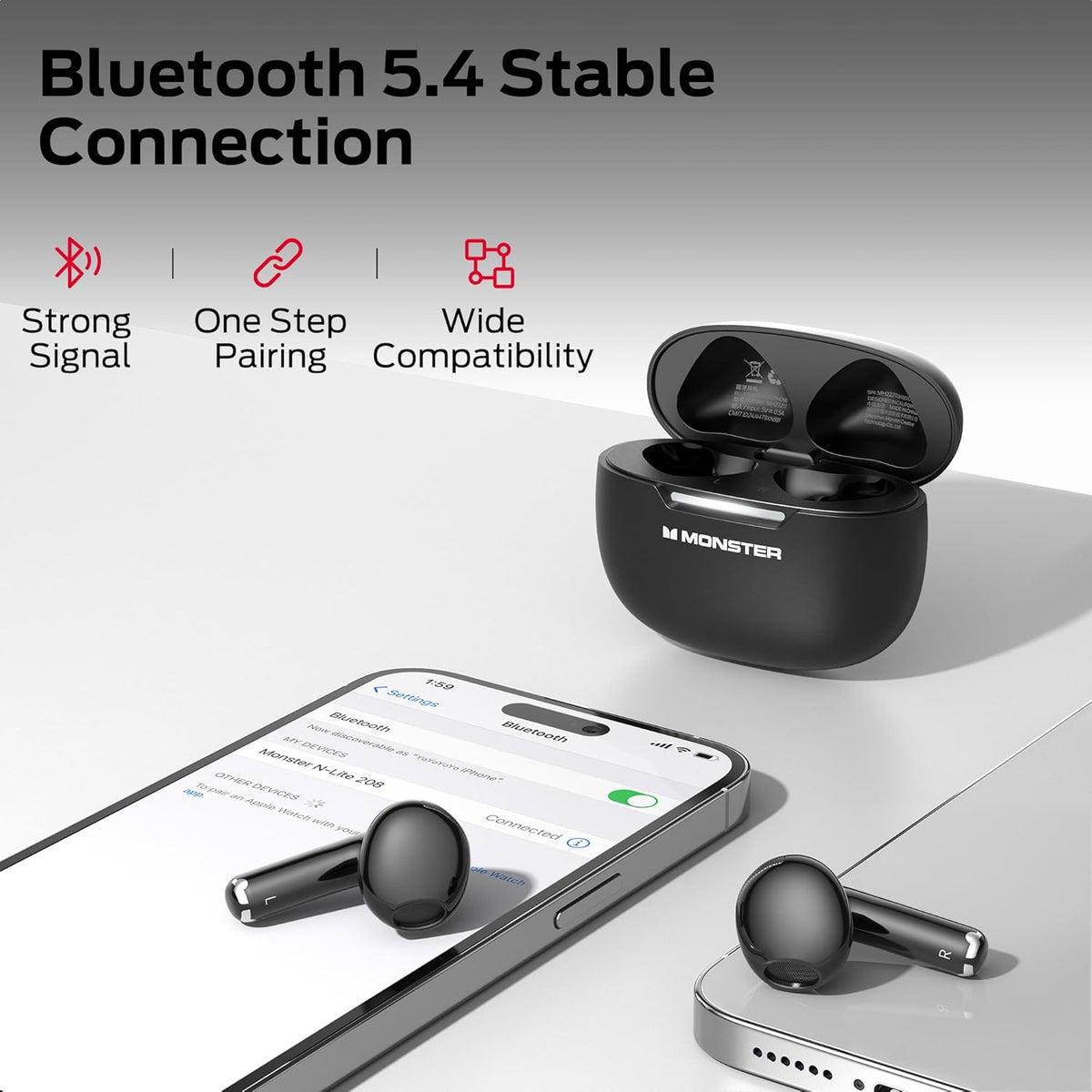 Monster N-Lite 208 Wireless Earbuds, Bluetooth Earbuds Touch Control, Bluetooth Headphones with 30H Playtime, Wireless Headphones Type-C Fast Charging, Clear Call, Comfortable Fit for Running