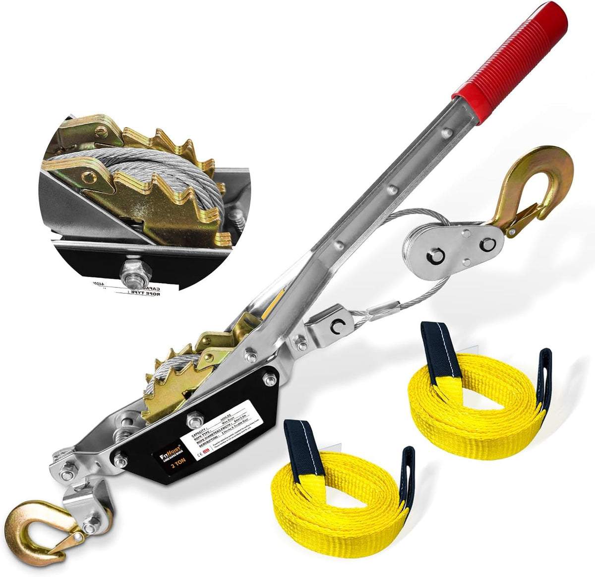 Come Along Winch 2T, Pulling Capacity 12 FT Steel Cable 2 Hooks, with Two 1"x8FT Lifting Straps, Heavy Duty Come Along Tool with Dual Gears, Heavy Duty Hoist Cable Puller for Vehicle Rescue