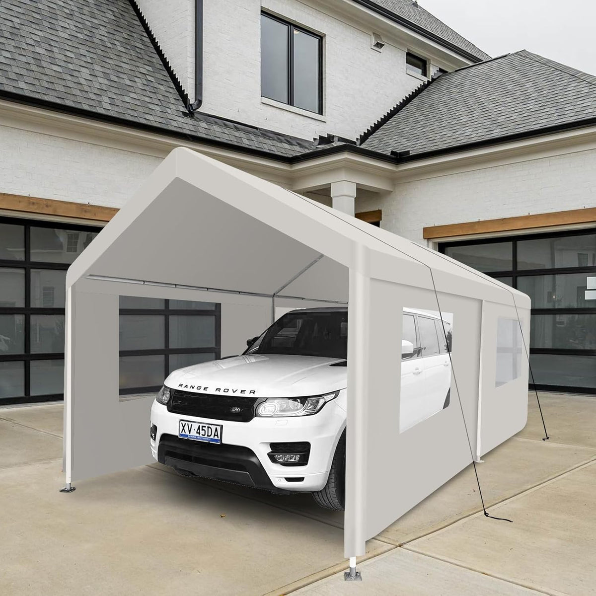 Car Canopy Portable Garage Duty Carport with Roll-up Windows,Portable Garage with Removable Sidewalls & Doors, Car Canopy with All-Season Tarp for Car Boat Truck Motorcycle 10FT×20FT (White)