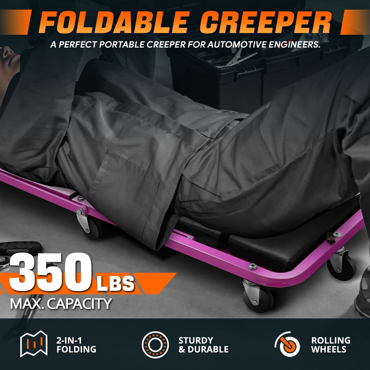 DNA MOTORING 48" 2 IN 1 Folding Rolling Garage Shop Creeper Roller Seat, 7 Pcs 2" Casters, 350 Lbs Weight Capacity, Purple, TOOLS-00193-PR