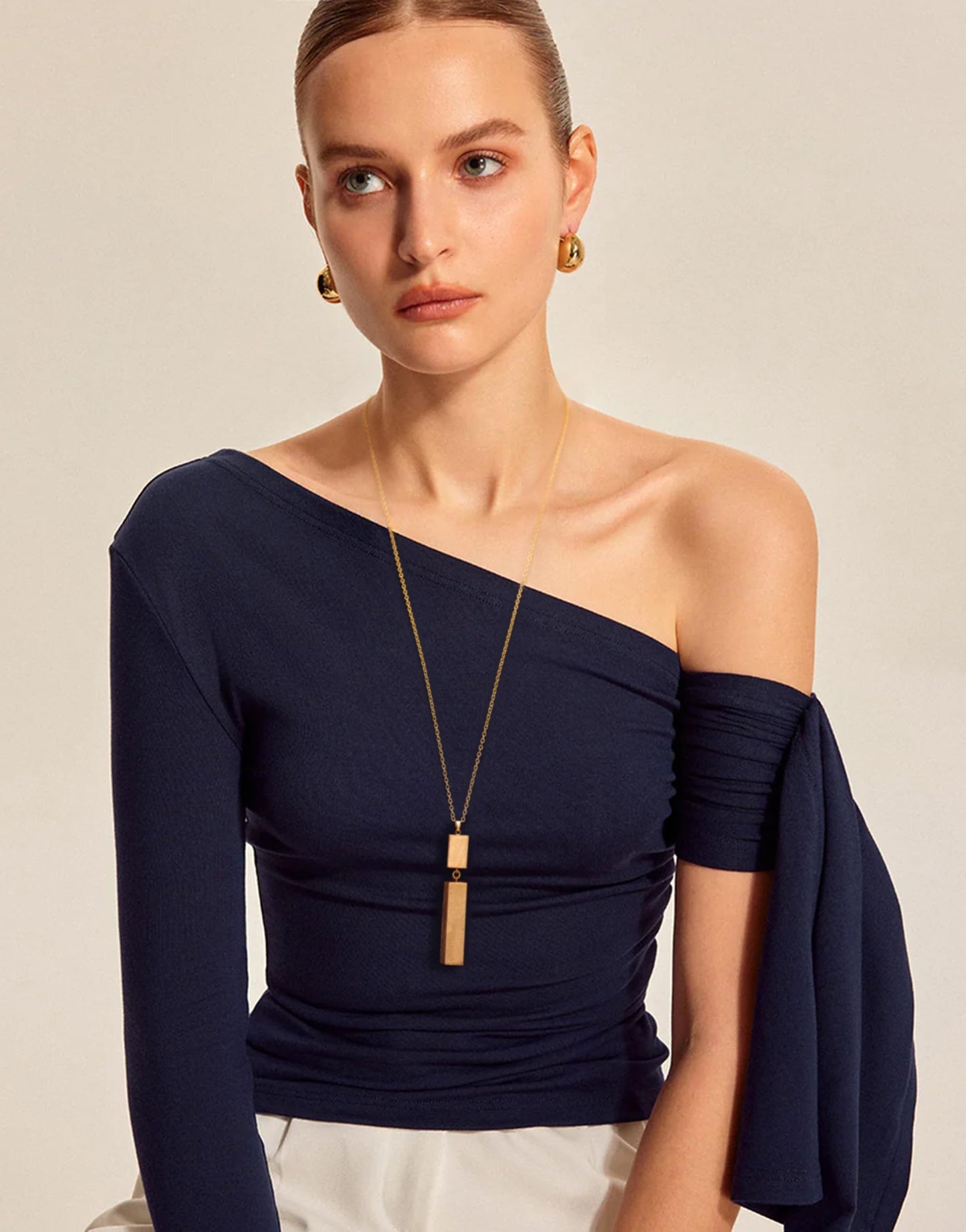 Long Gold Necklace for Women 18K Gold Plated Double Block Pendant Trendy Chain Jewelry