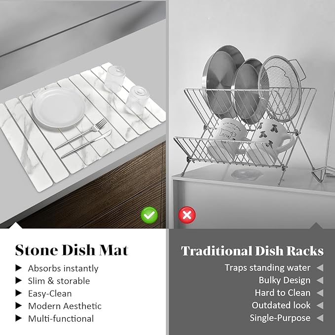 Stone Dish Drying Mats for Kitchen Counter, 24"(L)×16"(W) Marble-Pattern, Collapsible Quick Drying Dish Mats, Ultra Absorbent Diatomaceous Earth Mats for Dishes , Match Any Countertop