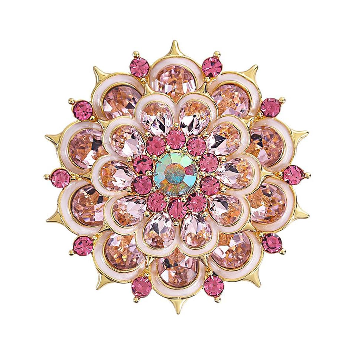 Rhinestone Crystal Flower Brooch Pin Sparkling Large Crystal Sunflower Brooch Vintage Floral Lapel Pins Rhinestone Flower Bouquet Broochs Rose Snowflake Broochs Wedding Bridal Dress Jewelry for Women (Light Pink)