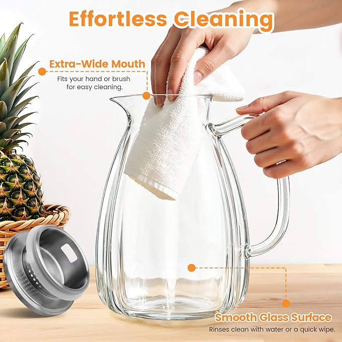 Glass Pitcher with Lid and Handle, 2.2L Borosilicate Glass Water Carafe, Stainless Steel Dual-Filter Lid, Heat Resistant for Hot/Cold Beverages – Iced Tea, Coffee, Juice, Cold Brew, 2 Pack