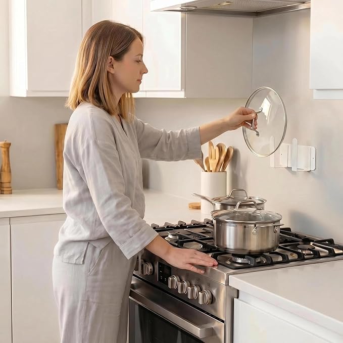 Pot Lid Rack, Wall Mounted 304 Stainless Steel Pan Lid Organizer Holder, Self Adhesive, Kitchen Cooking Utensil Tool (White)