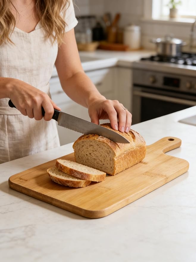 ZeQi Bamboo Cutting Board with Handle (16"L x 7.8"W), Wooden Cutting Boards, Chopping Board, Charcuterie Board, Serving board for Cheese, Bread, Pizza, Vegetables & Fruits