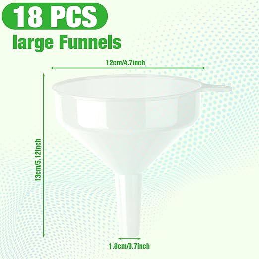 Honeydak 18 Pcs Plastic Funnels 4.7 Inch Wide Mouth Multi-Purpose Funnels with Long Reaching Spout for Filling Bottles Mason Jars Science Lab Use Funnel for Liquid (White)