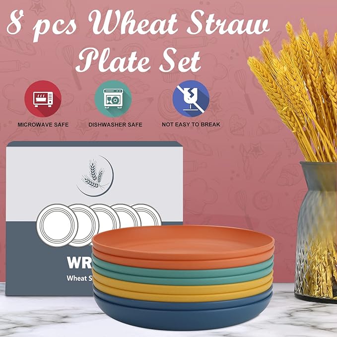 Wrova Wheat Straw Plates - 8 Inch Unbreakable Dinner Plates Set of 8 - Dishwasher & Microwave Safe Plastic Plates Reusable - Lightweight Plate for kitchen,R.V. (Colorful Series)