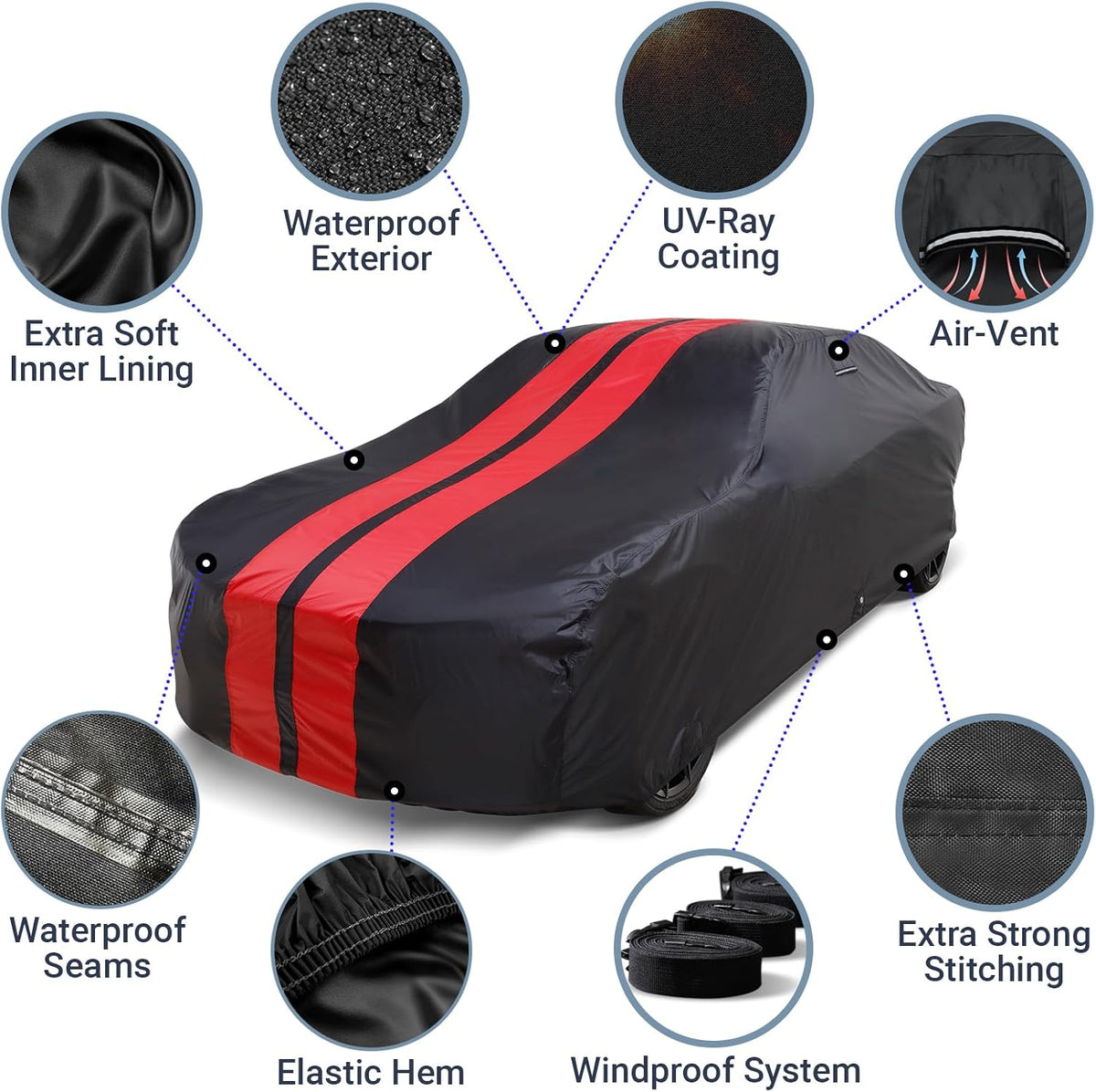 iCarCover Custom Car Cover for Pontiac Solstice (2006-2009) Waterproof All-Weather Rain Snow UV Sun Protector Full Exterior Indoor Outdoor Car Cover (Stripe - Black/Red)