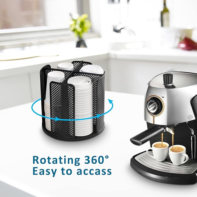 Cup and Lid Organizer Cup Dispenser Coffee Cup Organizer Paper Cup Holder Rotating for Bathroom, Restaurant, Break Room, Coffee Station, Bar, Buffet, Kitchen Cabinet, Countertop,4 Compartment
