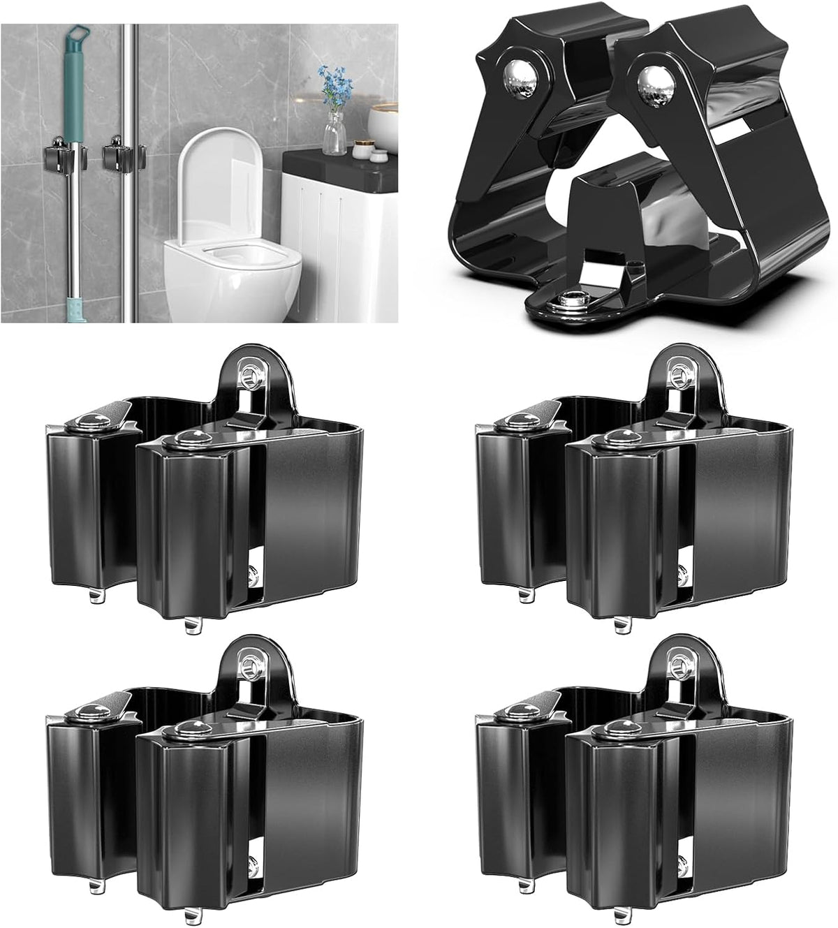 3-H Stainless Steel Broom Holder Wall Mount 4-Pack-Heavy Duty Mop Organizer, Wall Mounted Broom Storage with Secure Mounting for Laundry Garage Bathroom