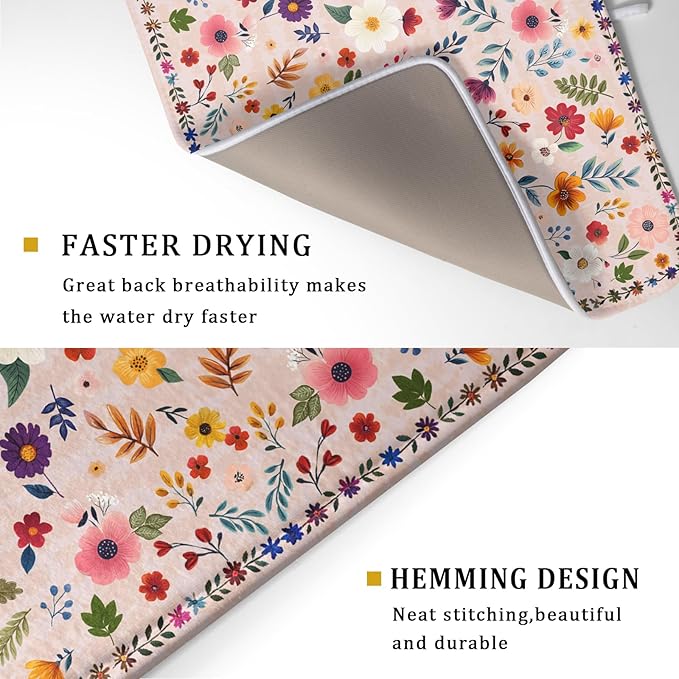 Spring Flowers Dish Drying Mat - Summer Pink Floral Washable Decorative Drying Pad for Women Home Kitchen Decor