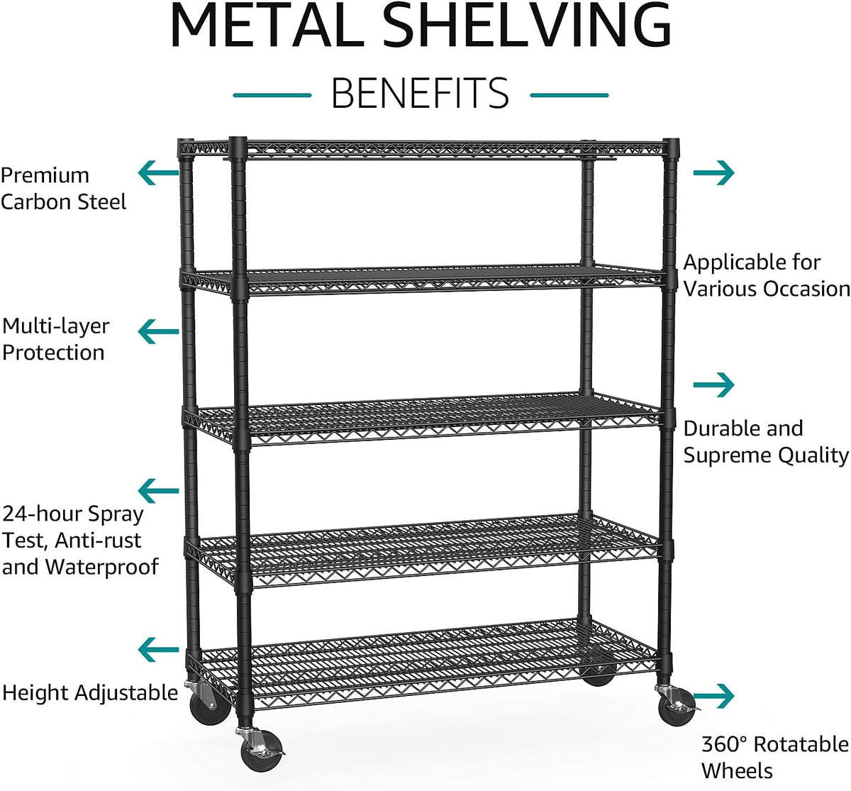 IZEUK Garage Shelving Wide Storage Shelves 5 Tier Metal Shelves Heavy Duty Adjustable Utility Shelf Rack Black 23.6" D x 53.1" W x 73.6" H