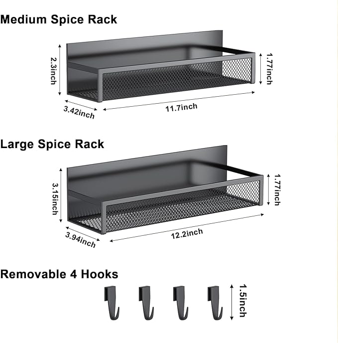 Aufworld Magnetic Spice Rack for Refrigerator, 2 Pack Magnetic Shelf, Fridge Magnet Organizer with Moveable 4 Hooks, Magnetic Fridge Shelf for Kitchen Organization and Storage (2 Pack)