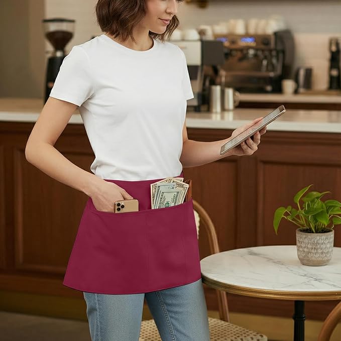 BOHARERS Waist Apron with 3 Pockets - Red Waitress Waiter Server Short Apron
