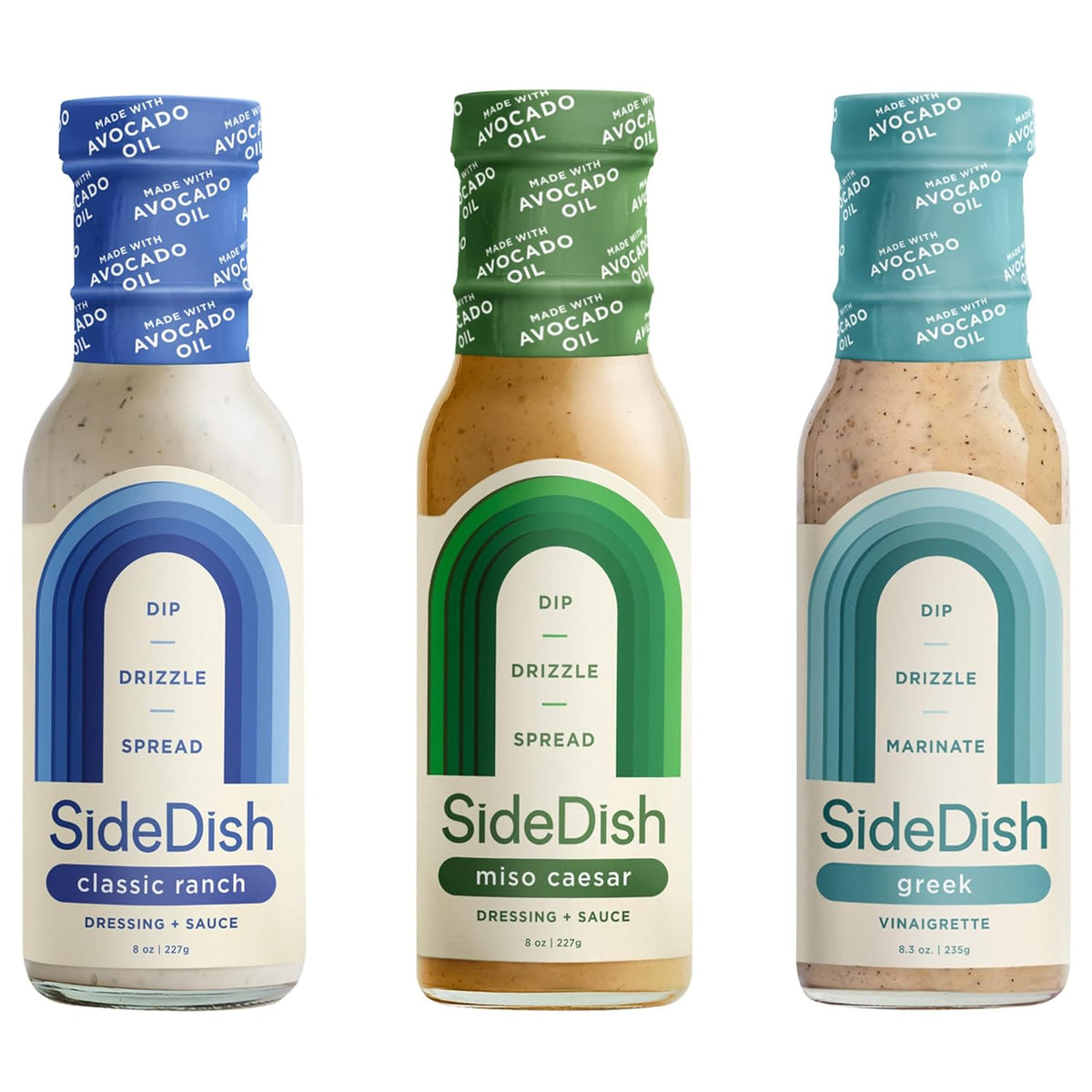SideDish Healthy Dressing Variety Pack - Classic Ranch, Miso Caesar, Greek Vinaigrette - Seed Oil, Gluten & Dairy Free Salad Dressing w/Avocado Oil - Refined Sugar Free Umami Sauce for Dinner Recipes