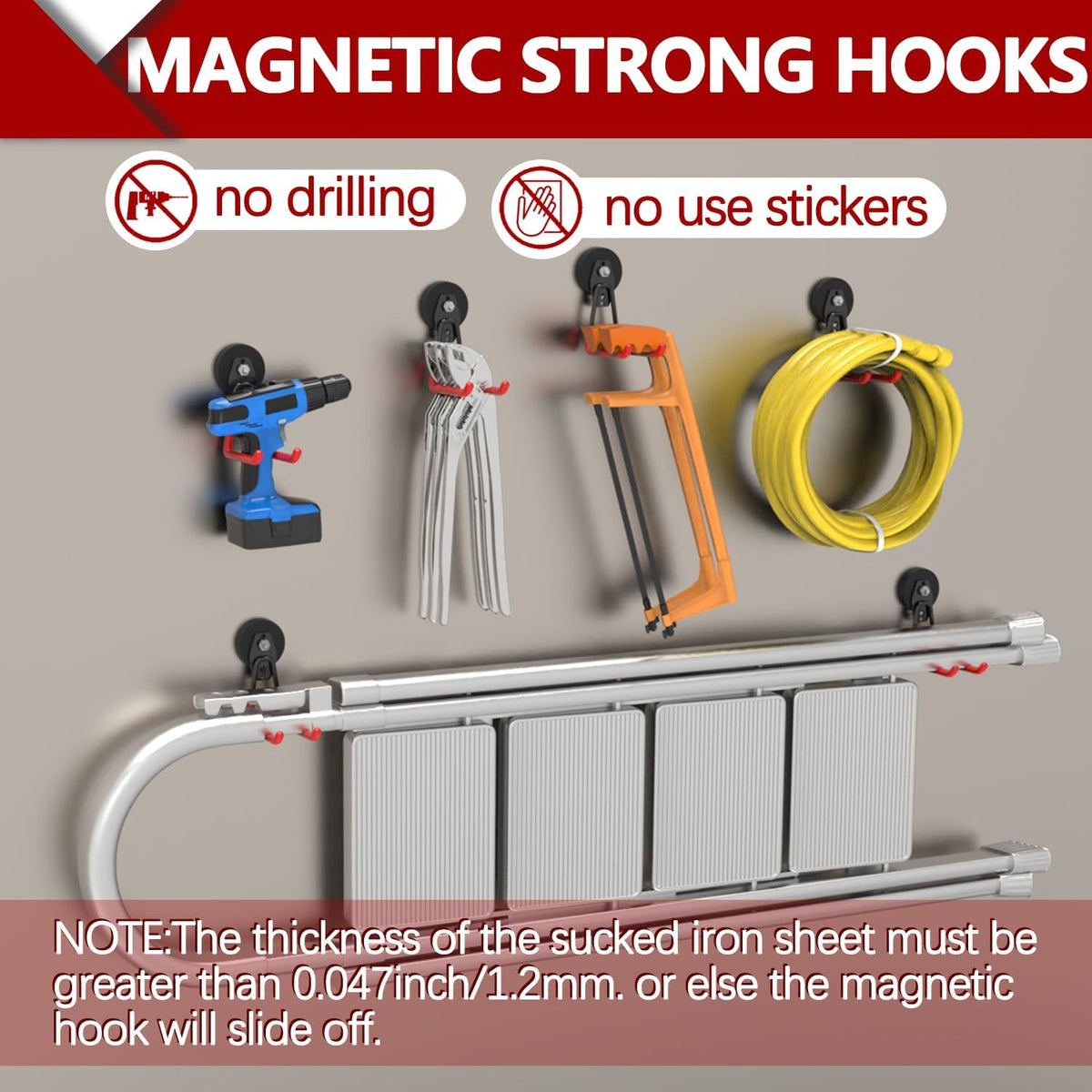 3-H Heavy Duty Magnet Garage Hooks 2 Pack, Extra Large Strong Magnetic Hooks for Hanging Cordless Power Drill, Utility Magnetic Tool Holder for Metal Cabinet, Steel Pegboard, Toolbox, Garage(Red)