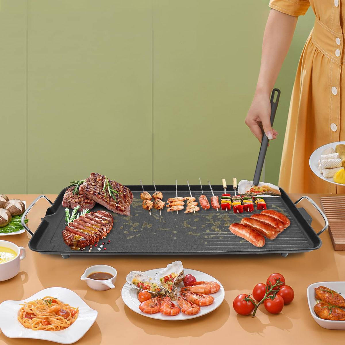 26" Large Electric griddle 1500W Teppanyaki Table Top Grill Griddle with Nonstick Surfaces & Adjustable 5 Temperature Setting for Indoor/Outdoor Use