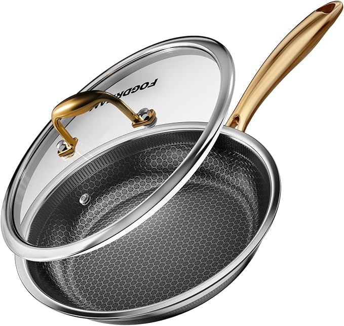 FogDream 12 Inch Stainless Steel Frying Pan with Lid, Honeycomb Hybrid Nonstick Skillet for Induction & All Cooktops, PFAS/PFOA/PTFE Free, Oven Safe to 500°F, Stay-Cool Handle, Dishwasher Safe, Gold