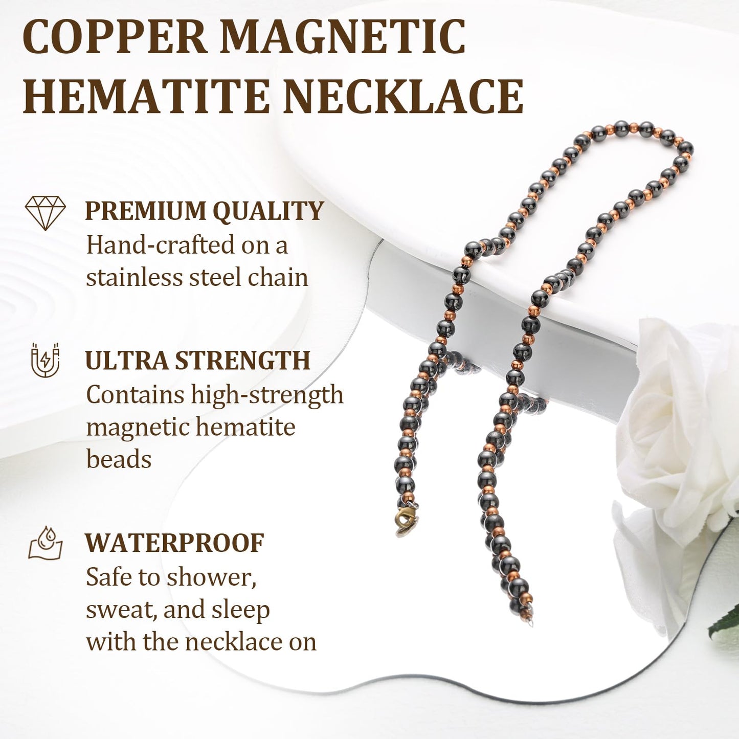 Fashtour Magnetic Hematite for Men and Women, 8MM and 6MM Magnetic Hematite with 6MM and 4MM Pure Copper, 53CM Handmade Energy (CN-Small)