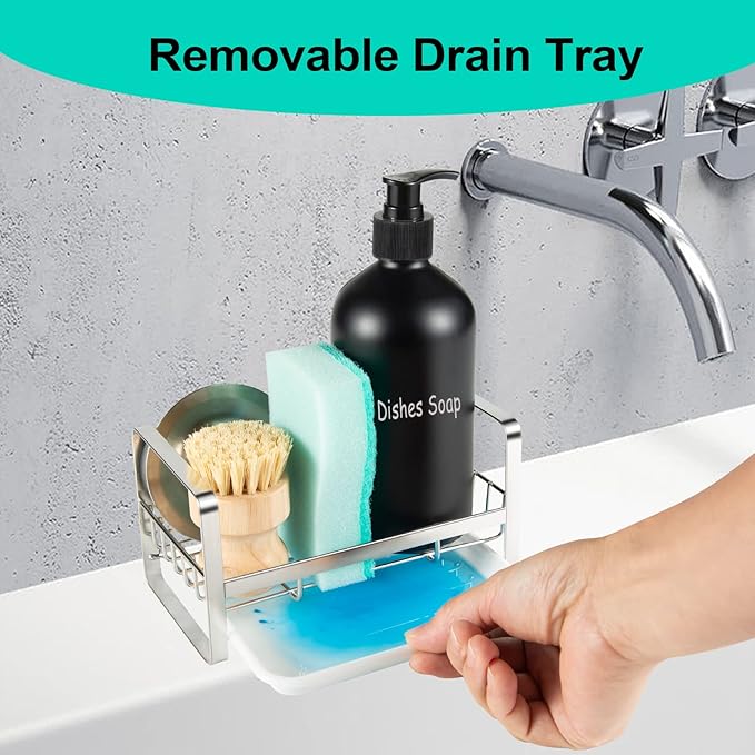 TEZZ Sponge Holder for Kitchen Sink, Stainless Steel Kitchen Storage Sink Caddy for Organizing Sponge, Brush & Dish Soap Dispenser, Sink Organizer Rack with Adhesive or Counter top, Silver